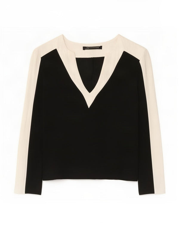 Zara Mujer Blusa De Manga Larga Top UK 42 Medium Black Colourblock Viscosa