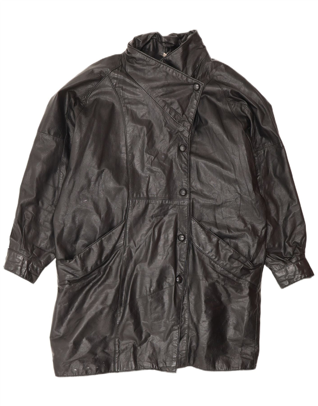 VINTAGE Abrigo de cuero de gran tamaño para mujer Reino Unido 14 Cuero negro mediano