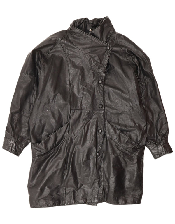 VINTAGE Abrigo de cuero de gran tamaño para mujer Reino Unido 14 Cuero negro mediano