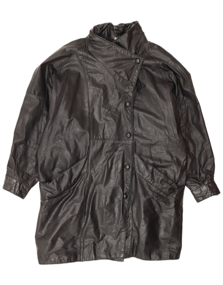 VINTAGE Abrigo de cuero de gran tamaño para mujer Reino Unido 14 Cuero negro mediano