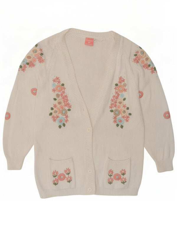 Vintage mujer Cardigan suéter Reino Unido 14 algodón floral blanco medio