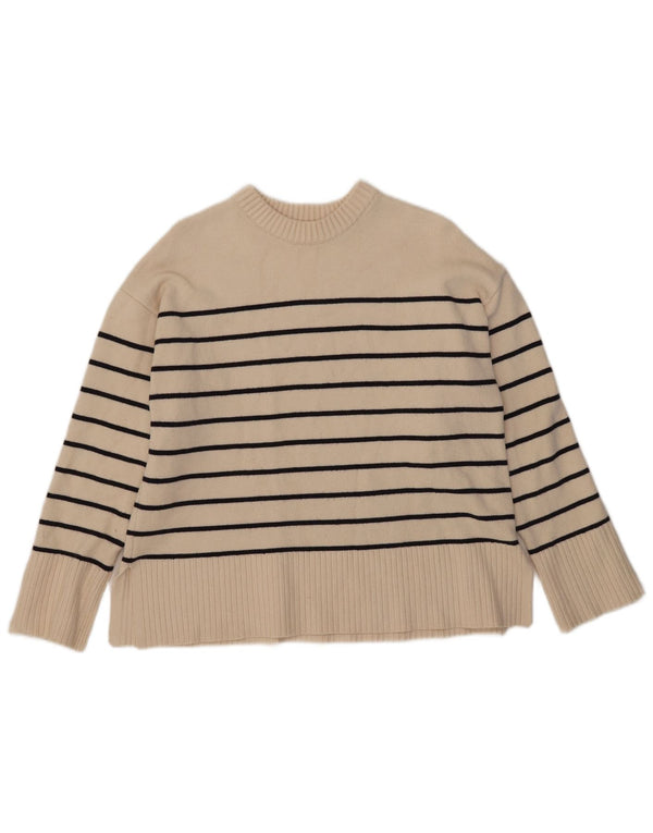 Zara Mujer Oversize Cuello Redondo Jersey Jersey UK 10 Small Blanco Rayas