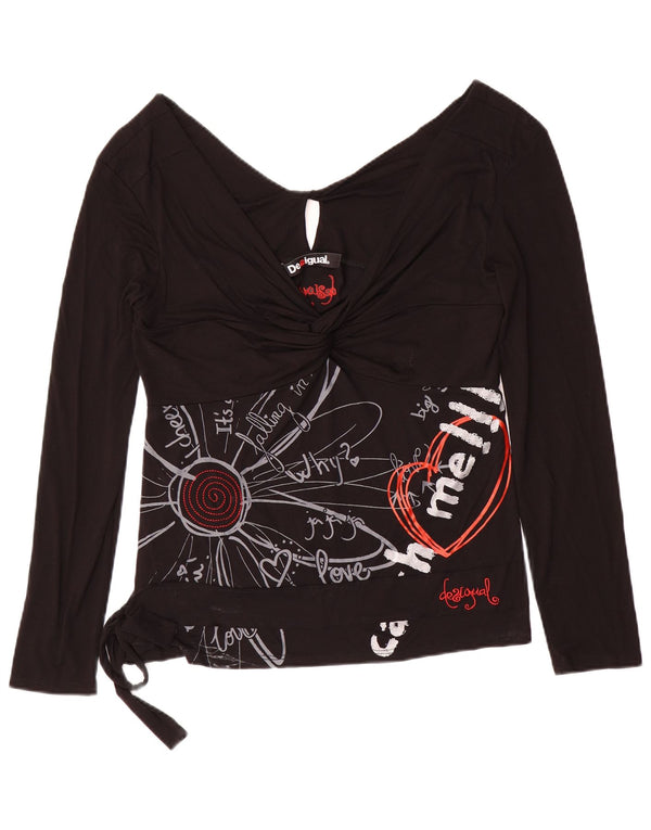 Desigual Mujer Blusa Gráfica De Manga Larga Top UK 40 XL Viscosa Negra