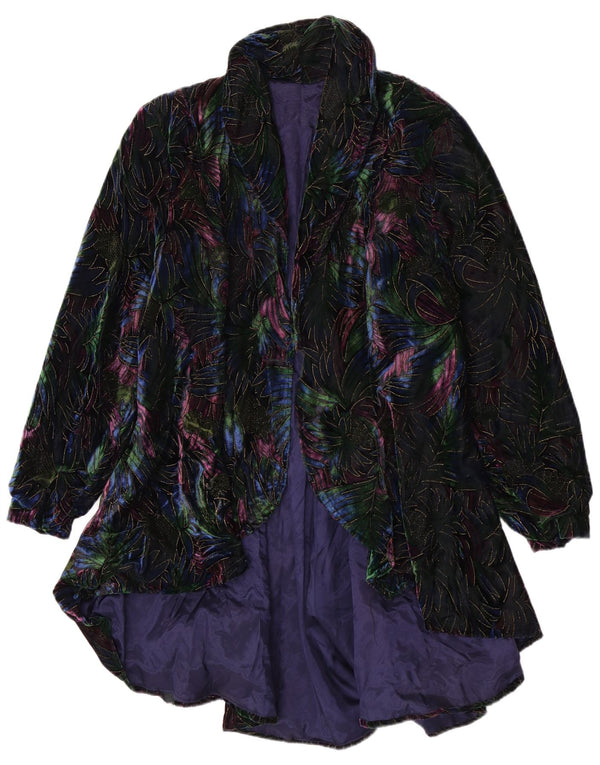 Abrigo abierto de terciopelo vintage para mujer UK 44 Medium Black Floral
