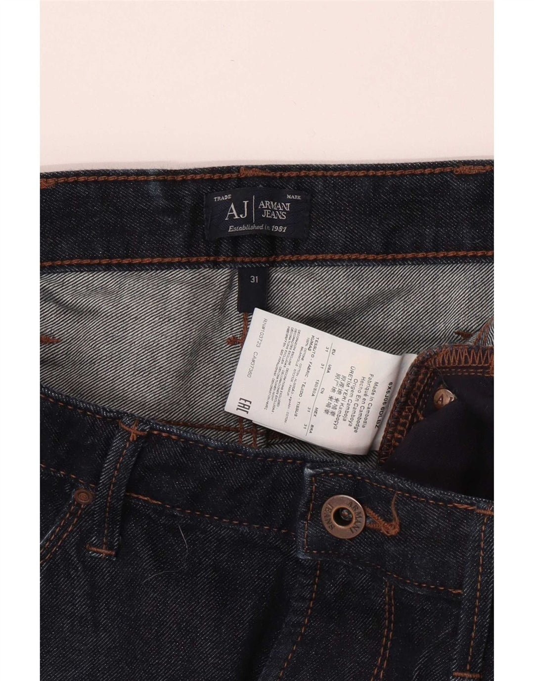 Armani Hombre Vaqueros Slim W31 L33 Algodón Azul Marino