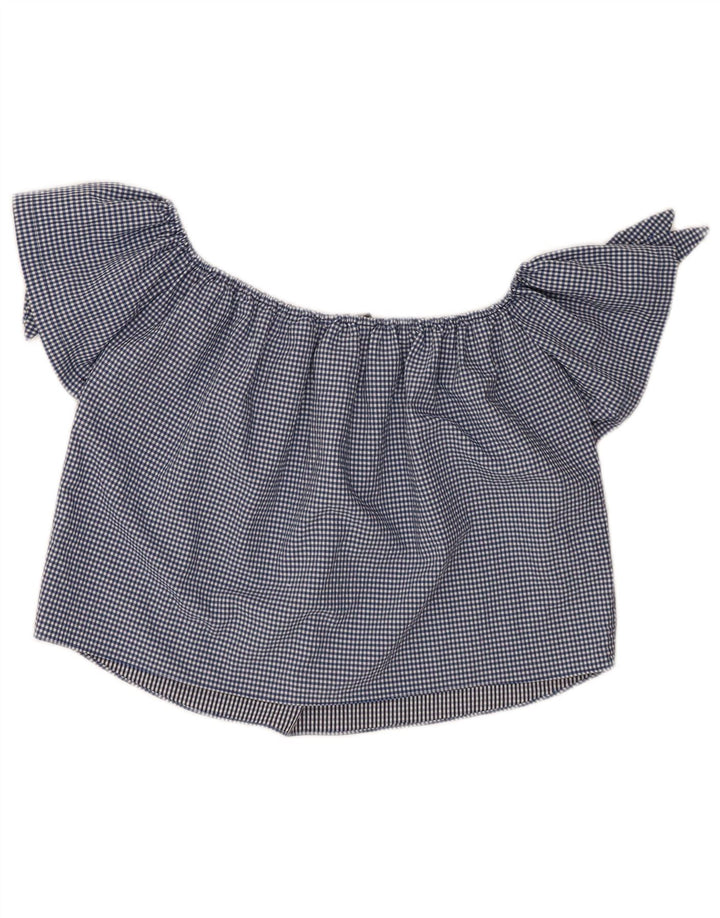Zara Mujer Top Corto Con Hombros Descubiertos UK 10 Small Azul Marino Gingham