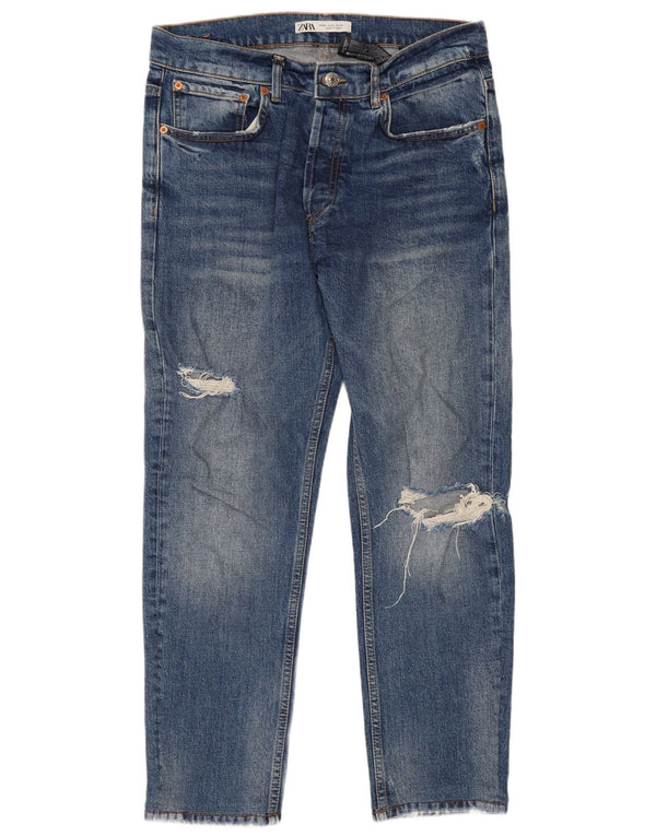 Zara Jeans recortados desgastados para hombre EU 42 Large W32 L26 Algodón azul