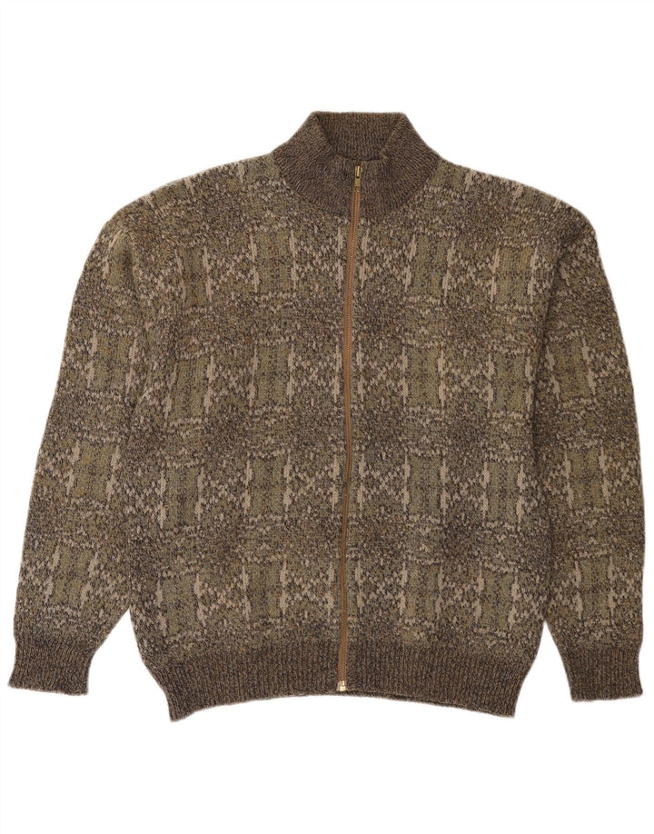 Vintage hombres Cardigan suéter medio caqui Fair Isle