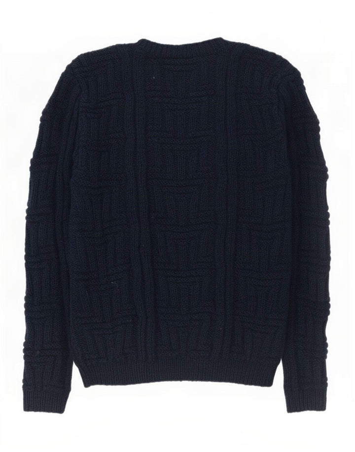 Vintage hombres cuello redondo jersey suéter medio azul marino