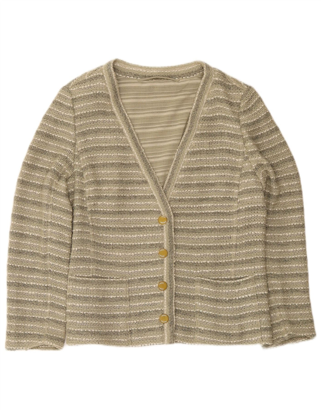 Vintage mujer Cardigan suéter Reino Unido 14 rayas verdes medianas