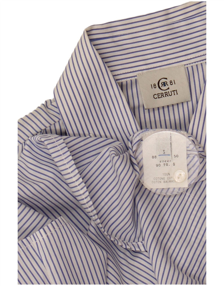 Cerruti 1881 Camisa con volantes en la parte delantera para mujer UK 40 Small Algodón a rayas azules