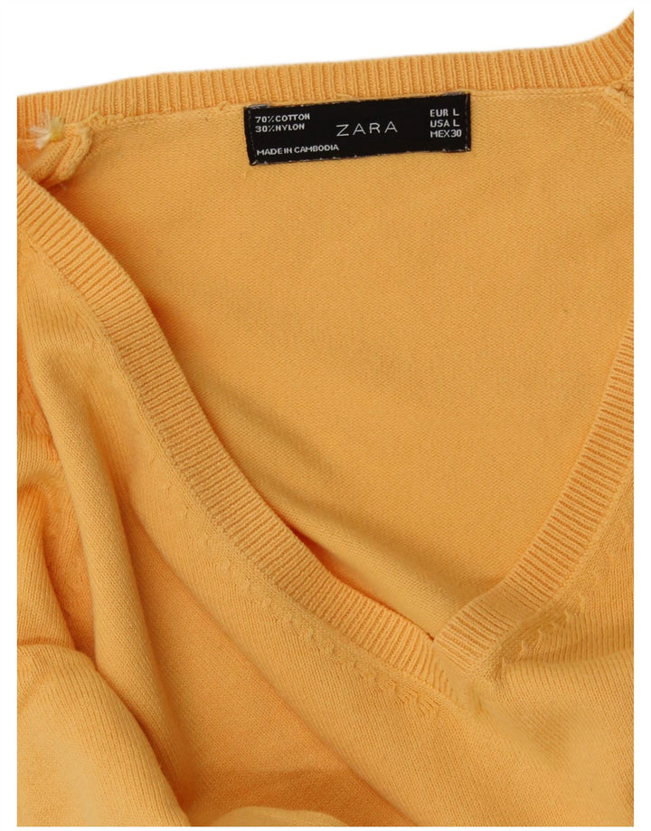 ZARA Jersey con cuello en V para mujer UK 44 Large Algodón amarillo