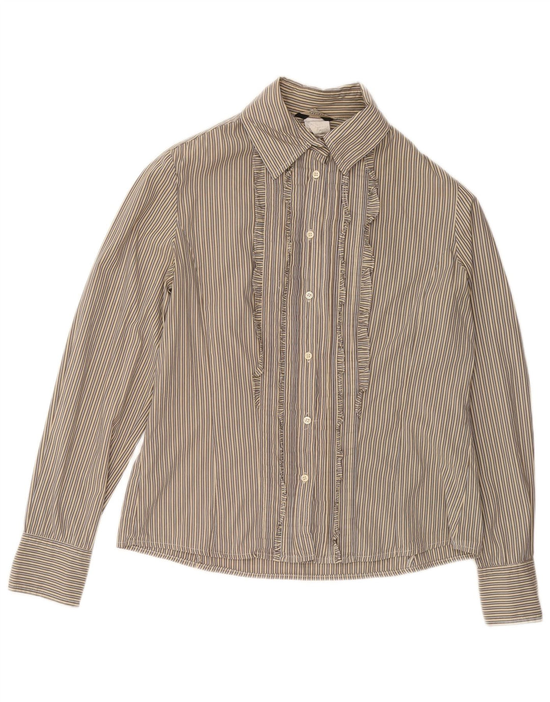 MAX MARA Camisa de fin de semana con volantes en la parte delantera para mujer UK 46 Large Beige Pinstripe