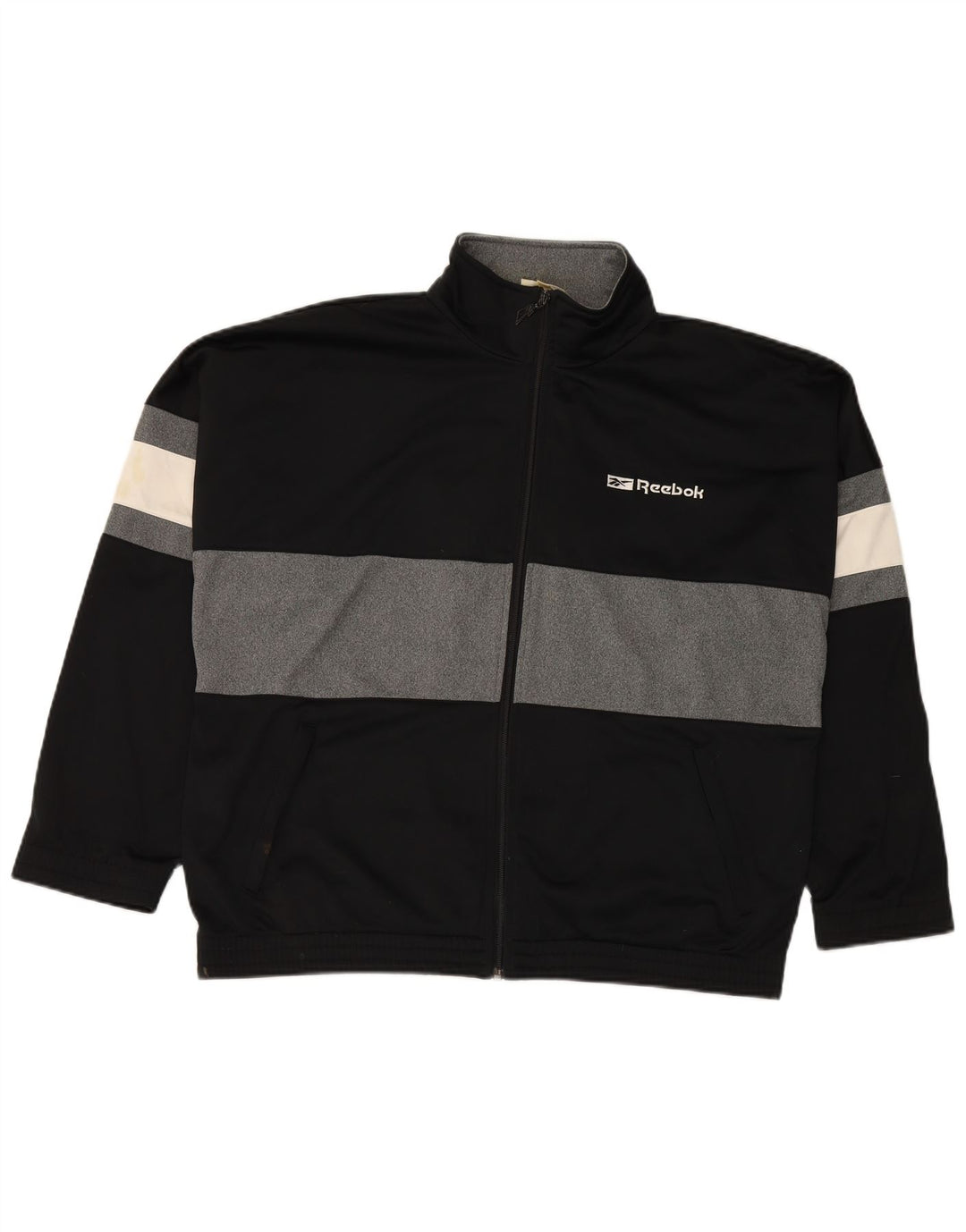 REEBOK Chaqueta superior de chándal con gráfico de corte holgado para hombre Small Black Colourblock