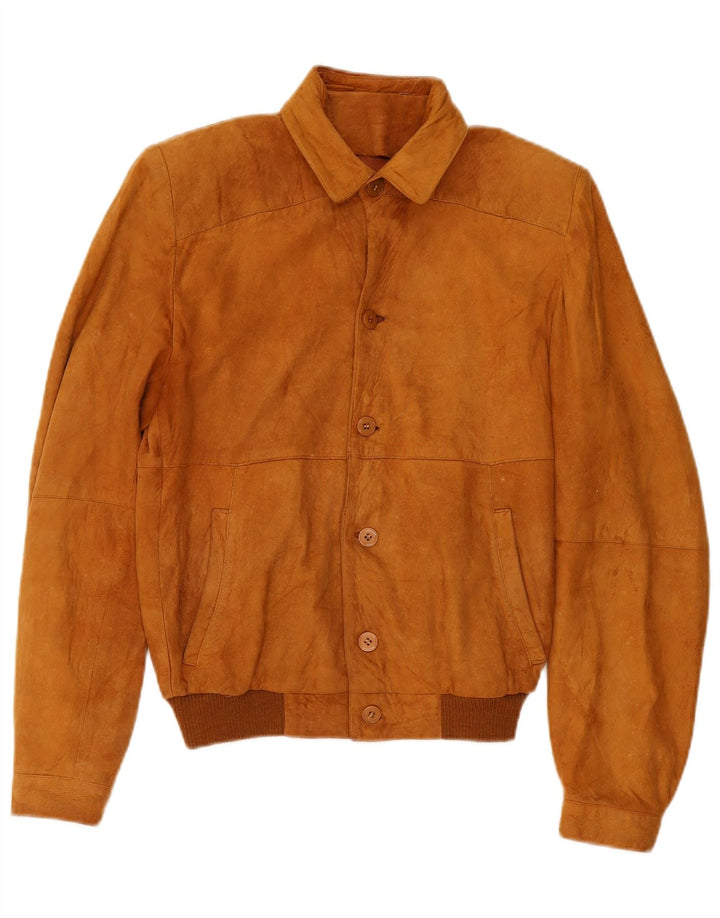 Vintage hombres ante bomber chaqueta IT 46 pequeño cuero beige