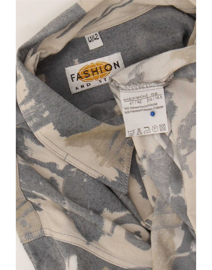 Vintage hombres patrón abstracto camisa tamaño 41/42 16 1/2 viscosa gris grande