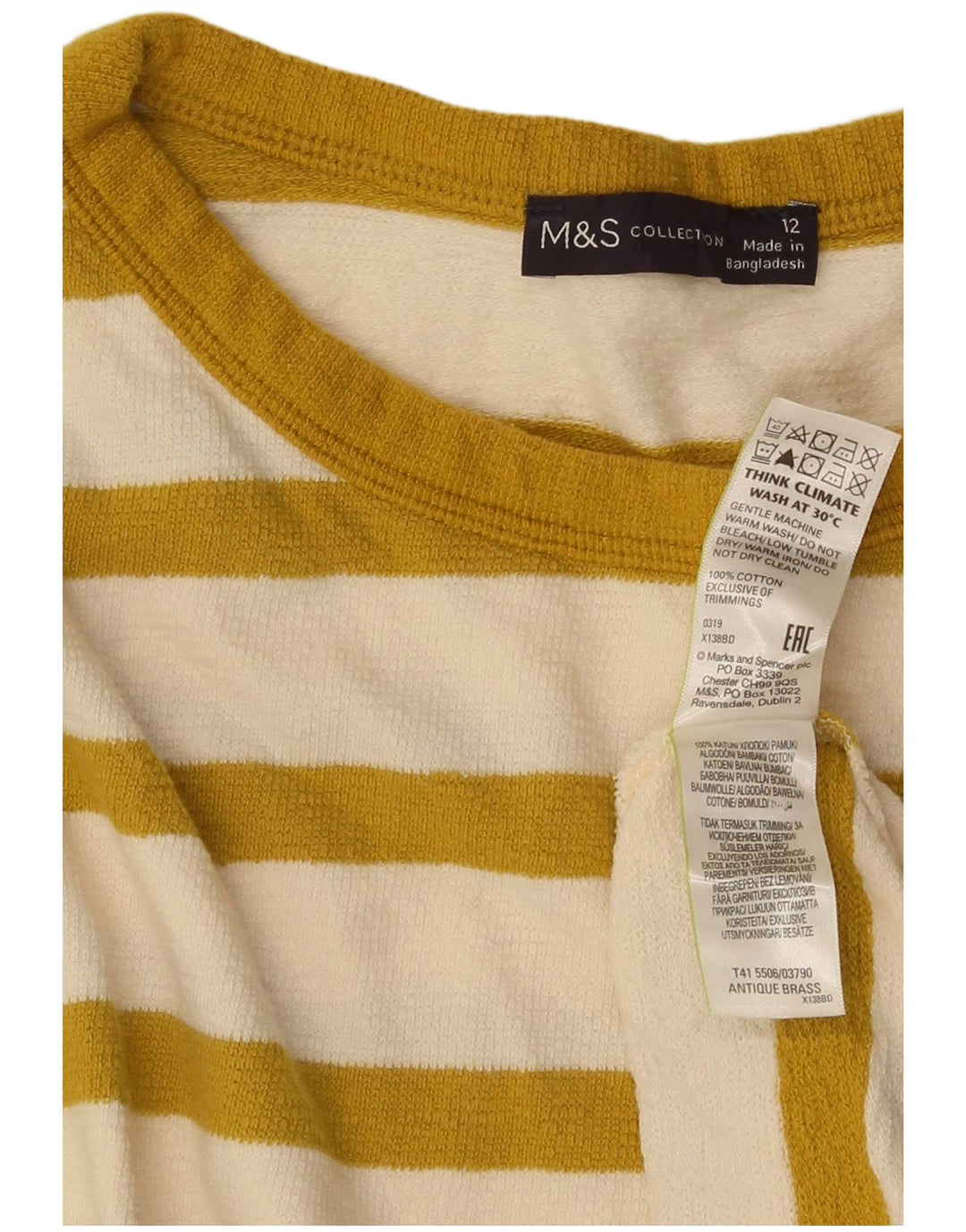 Marks & Spencer Top para mujer de manga larga UK 42 Algodón a rayas amarillo medio