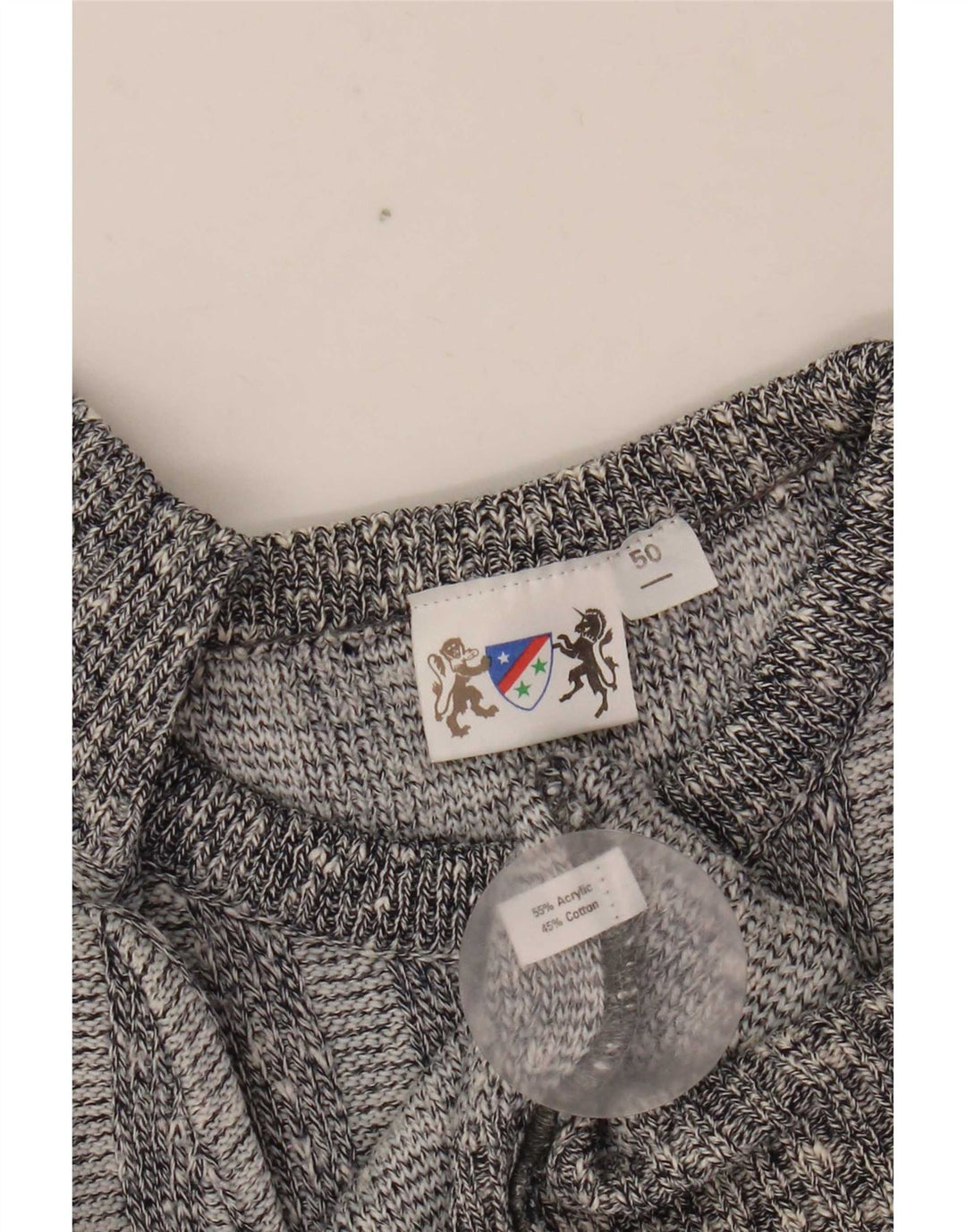 Vintage hombres cuello redondo jersey suéter IT 50 gris medio geométrico acrílico