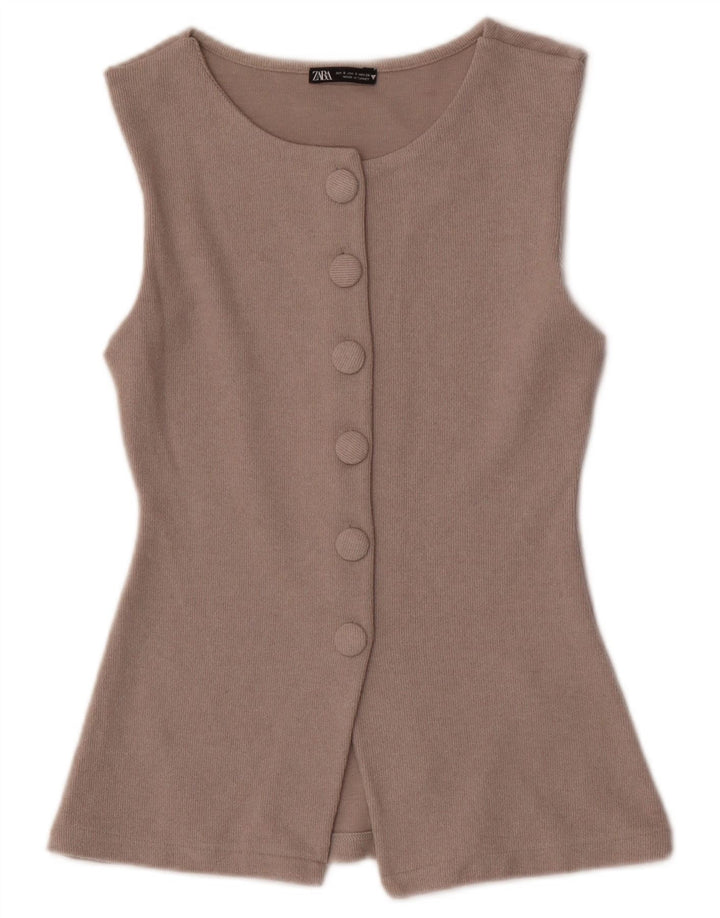 Zara Mujer Cárdigan Sin Mangas Top UK 8 Small Beige Poliéster