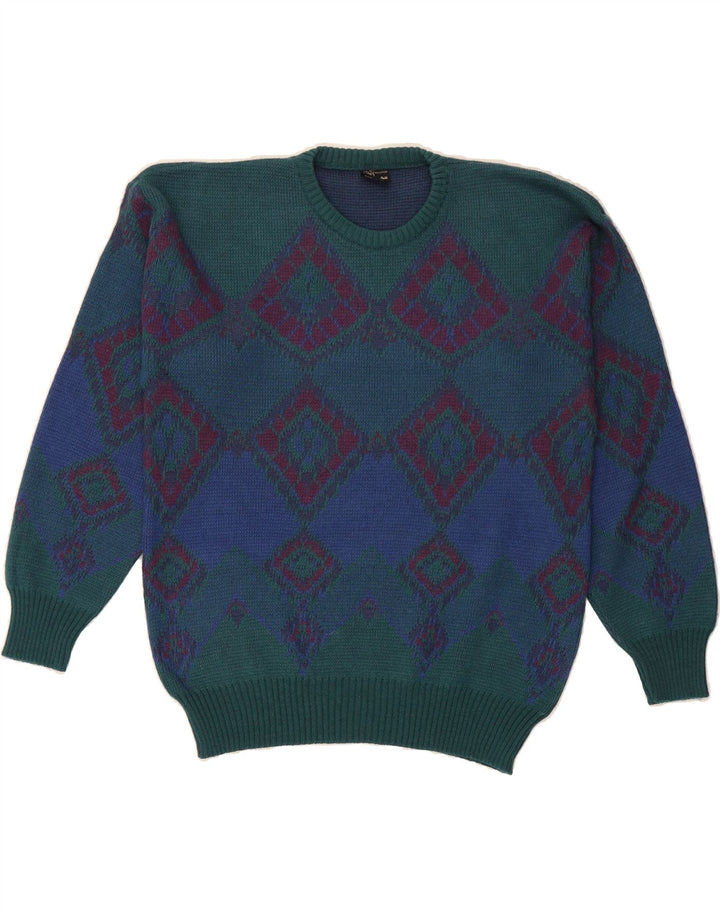 MAPIER Mens Crew Neck Jumper Sweater Medium Green Argyle/Diamond Vintage Mapier and Second-Hand Mapier from Messina Hembry 