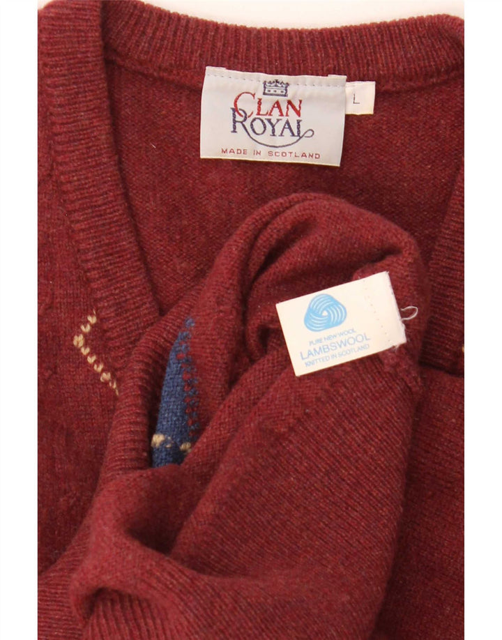 Clan Royal Suéter con cuello en V para hombre, talla grande, lana de cordero roja Argyle/Diamond