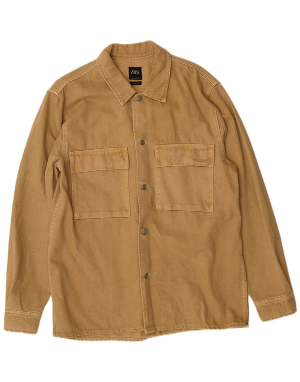 Zara Hombre Sobrecamisa Camisa Vaquera Relaxed Fit Talla 44 XL Algodón Beige