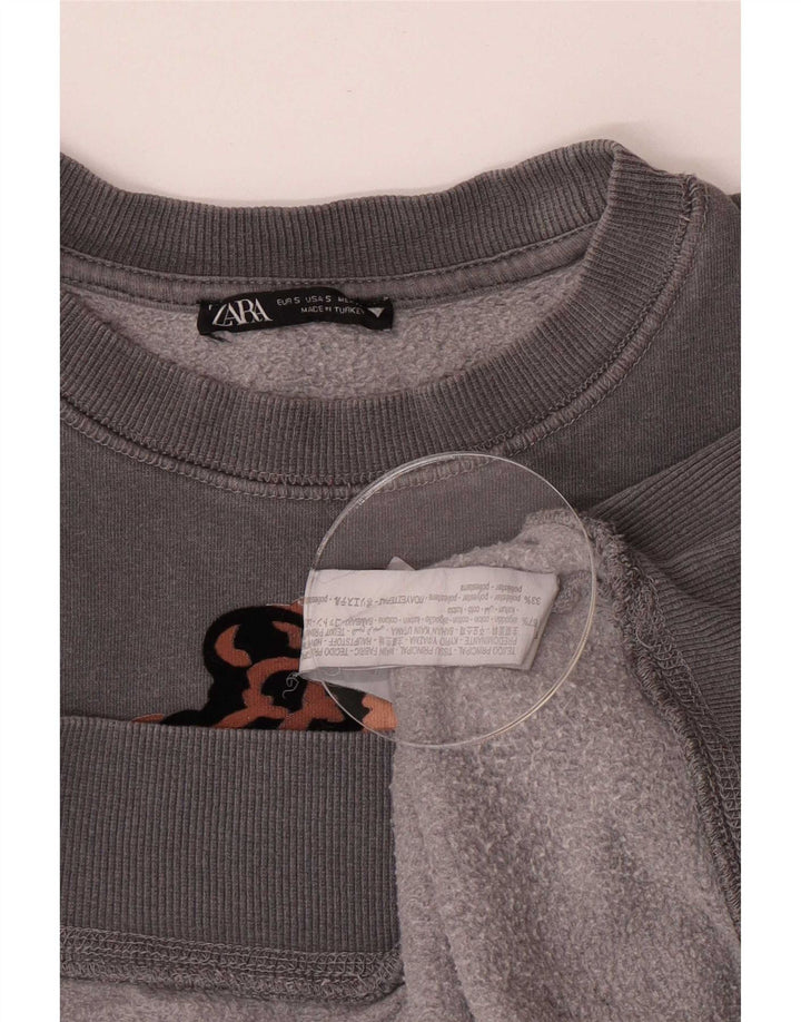 Zara Mujer Gráfico Sudadera De Gran Tamaño Jersey Reino Unido 10 Pequeño Algodón Gris