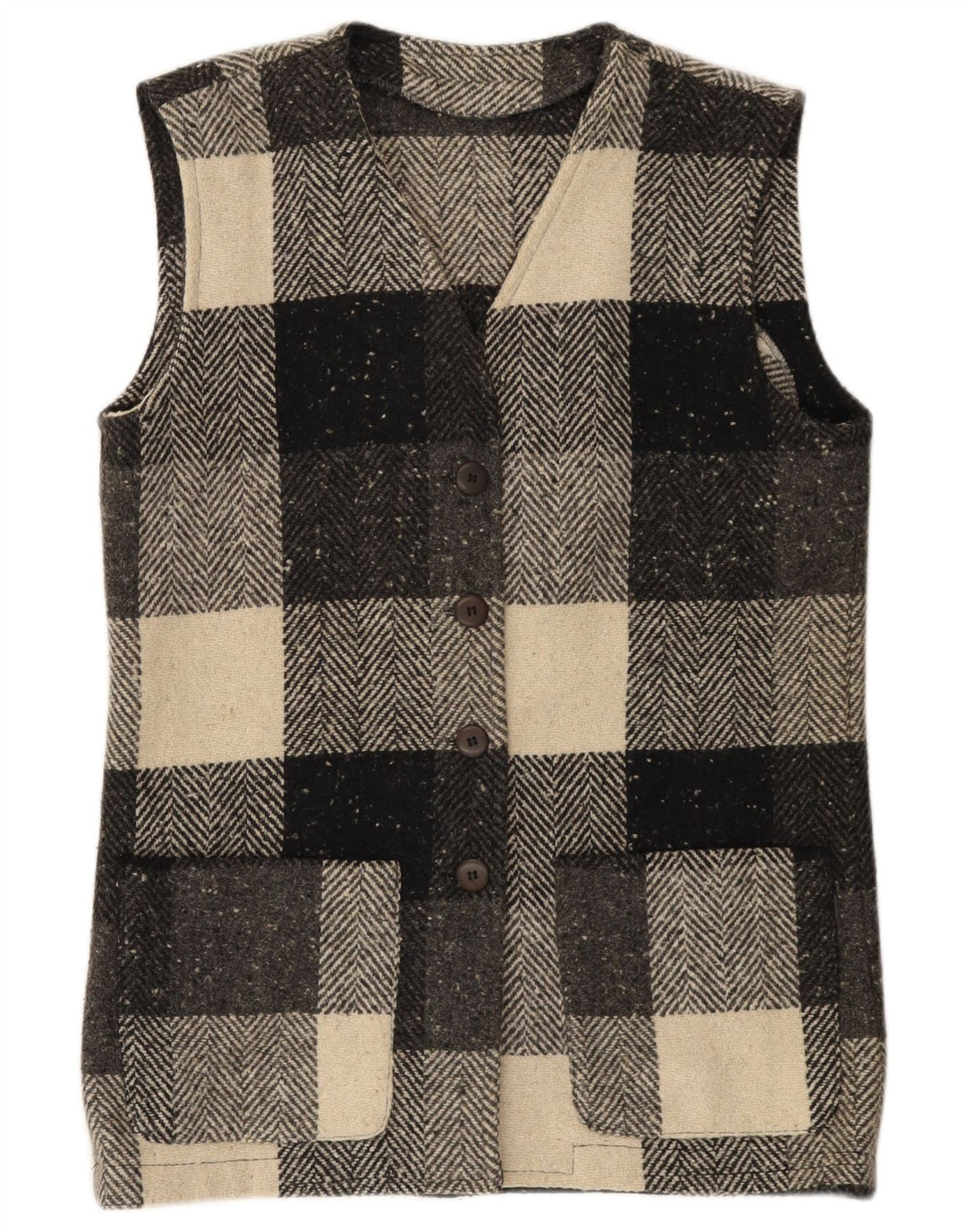 Vintage Mujer Gilet IT 44 Mediano Negro Check Lana
