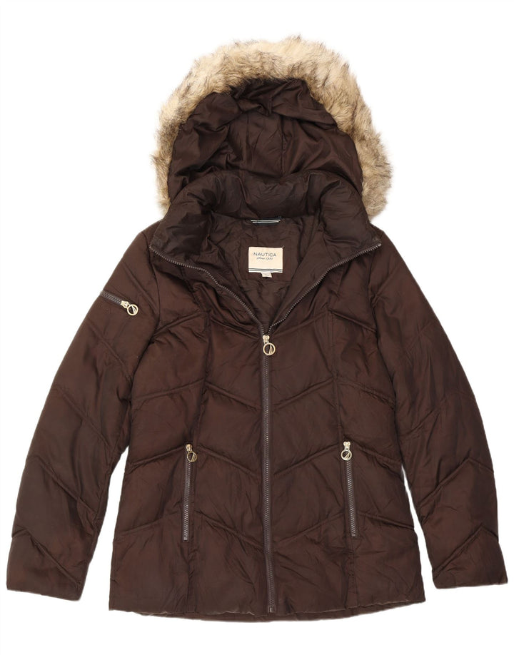Nautica Chaqueta acolchada con capucha para mujer UK 44 Poliéster marrón medio