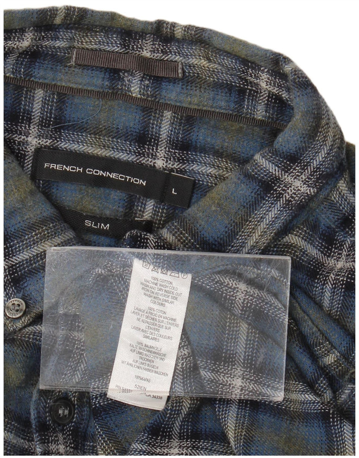 Camisa de franela entallada de algodón con cuadros azules grandes de French Connection para hombre