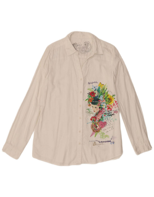 Desigual Blusa camisera gráfica para mujer Reino Unido 46 Grande Algodón floral blanco