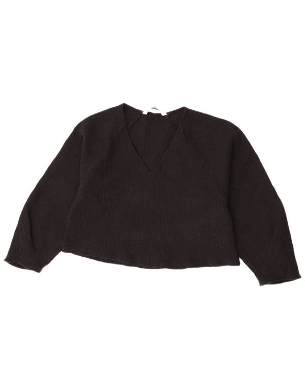 Zara Womens Crop 3/4 Sleeve Blouse Top UK 12 Medium Black Wool