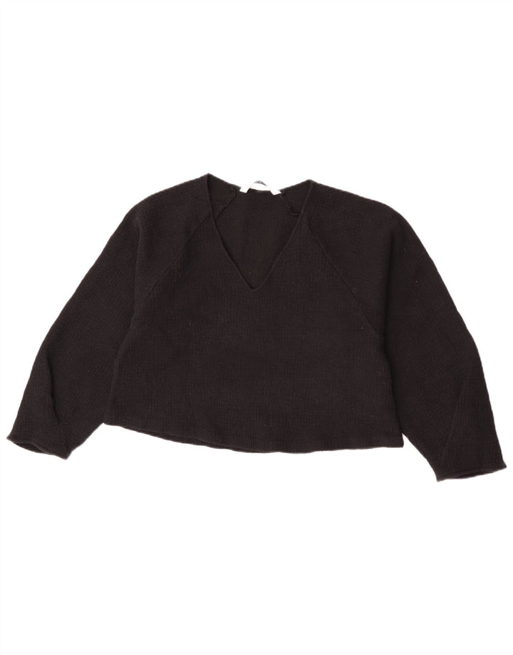 Zara Mujer Crop Blusa De Manga 3/4 Top UK 42 Mediano Lana Negra