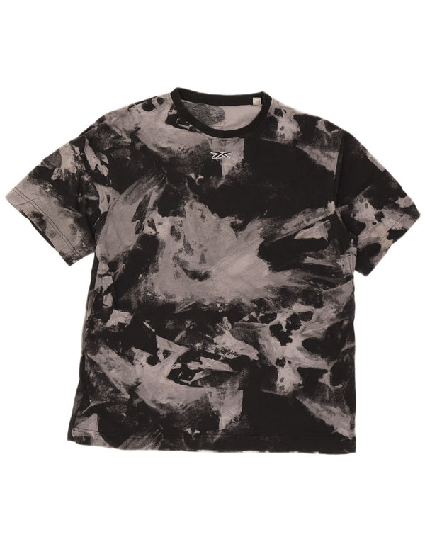 Reebok Camiseta con estampado abstracto para hombre, talla grande, algodón negro