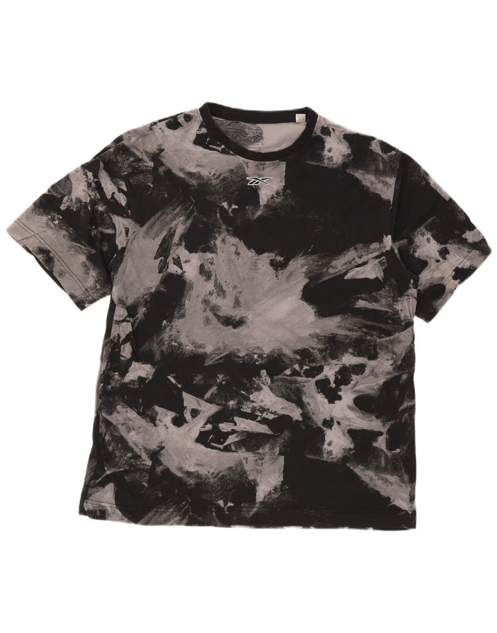 Reebok Camiseta con estampado abstracto para hombre, talla grande, algodón negro