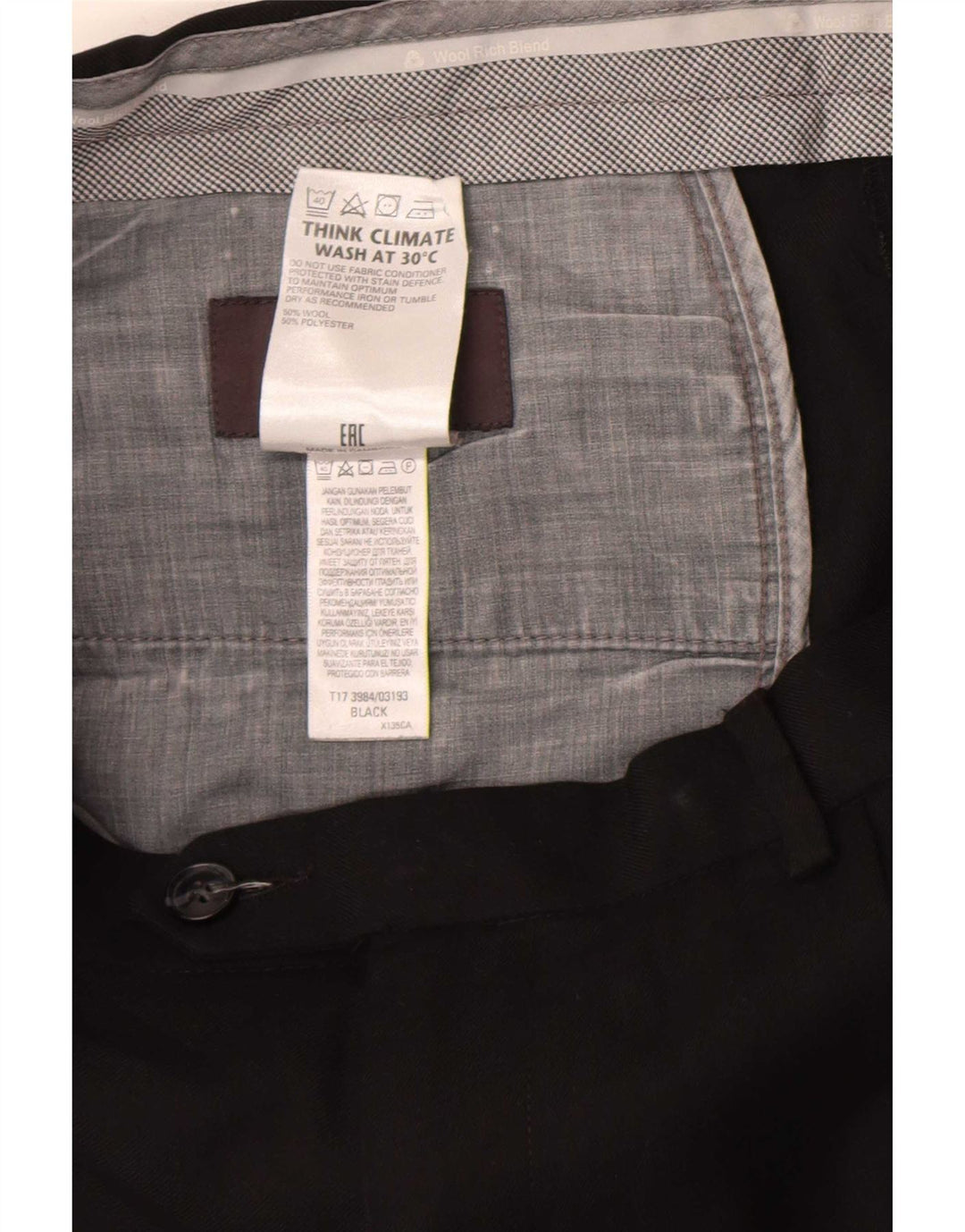 Marks & Spencer Pantalón de traje de corte regular para hombre W36 L33 Lana negra
