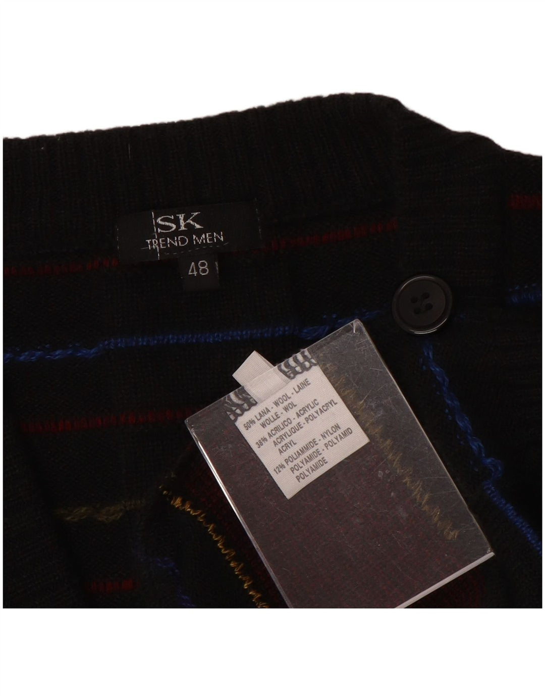 Vintage hombres Cardigan suéter IT 48 medio negro comprobar lana