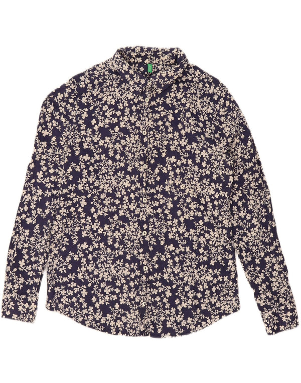 BENETTON Camisa extragrande para mujer UK 10 Small Azul marino Floral Algodón