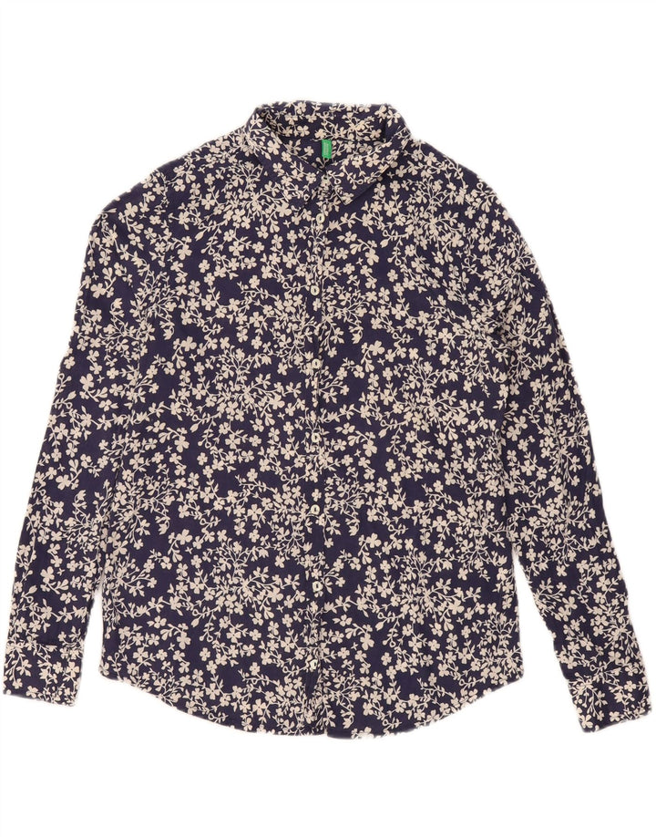 BENETTON Camisa extragrande para mujer UK 10 Small Azul marino Floral Algodón