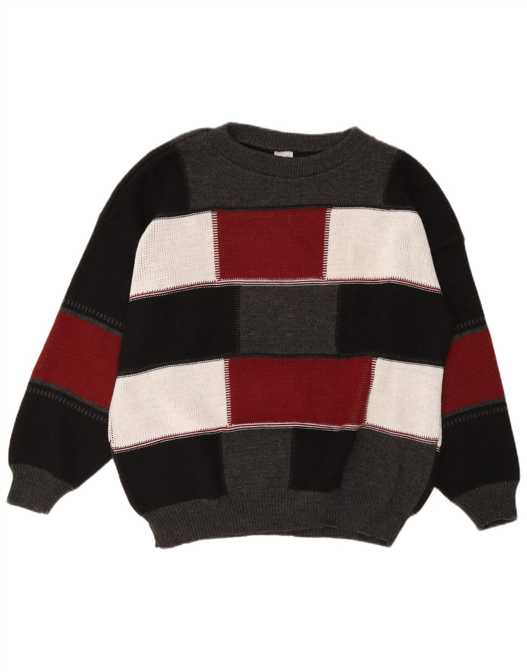 VINTAGE Hombres Barco Cuello Jersey Suéter Grande Negro Colorblock Acrílico