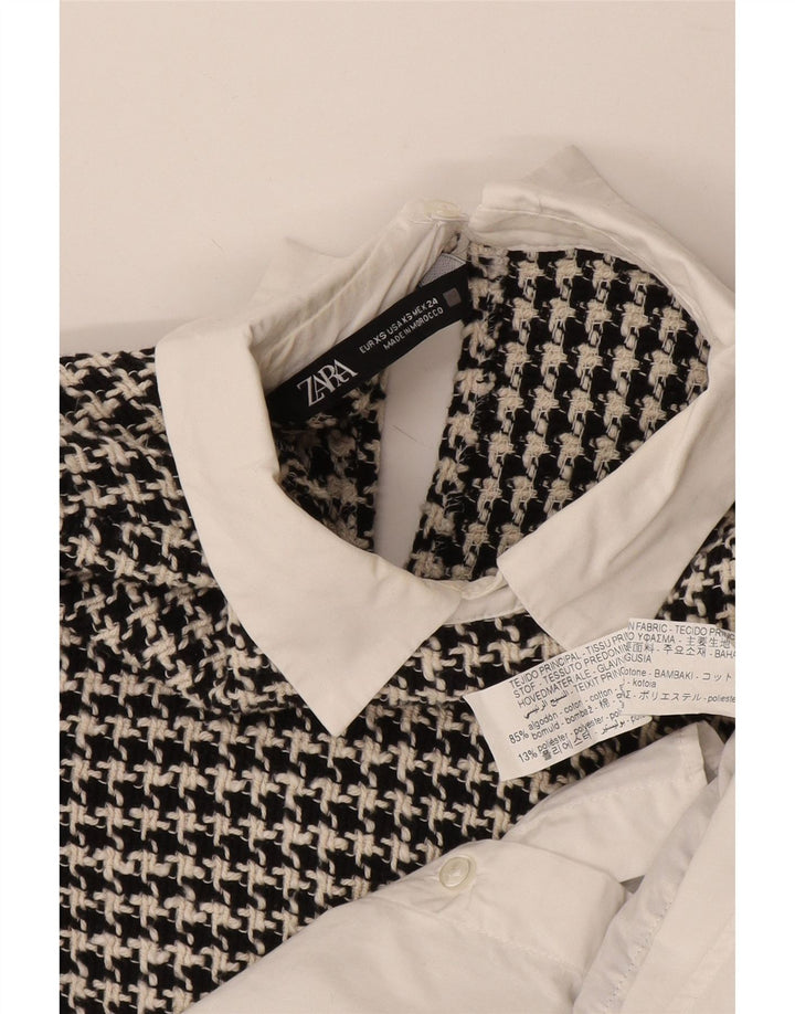 Zara Blusa extragrande de manga larga para mujer UK 6 XS White Houndstooth