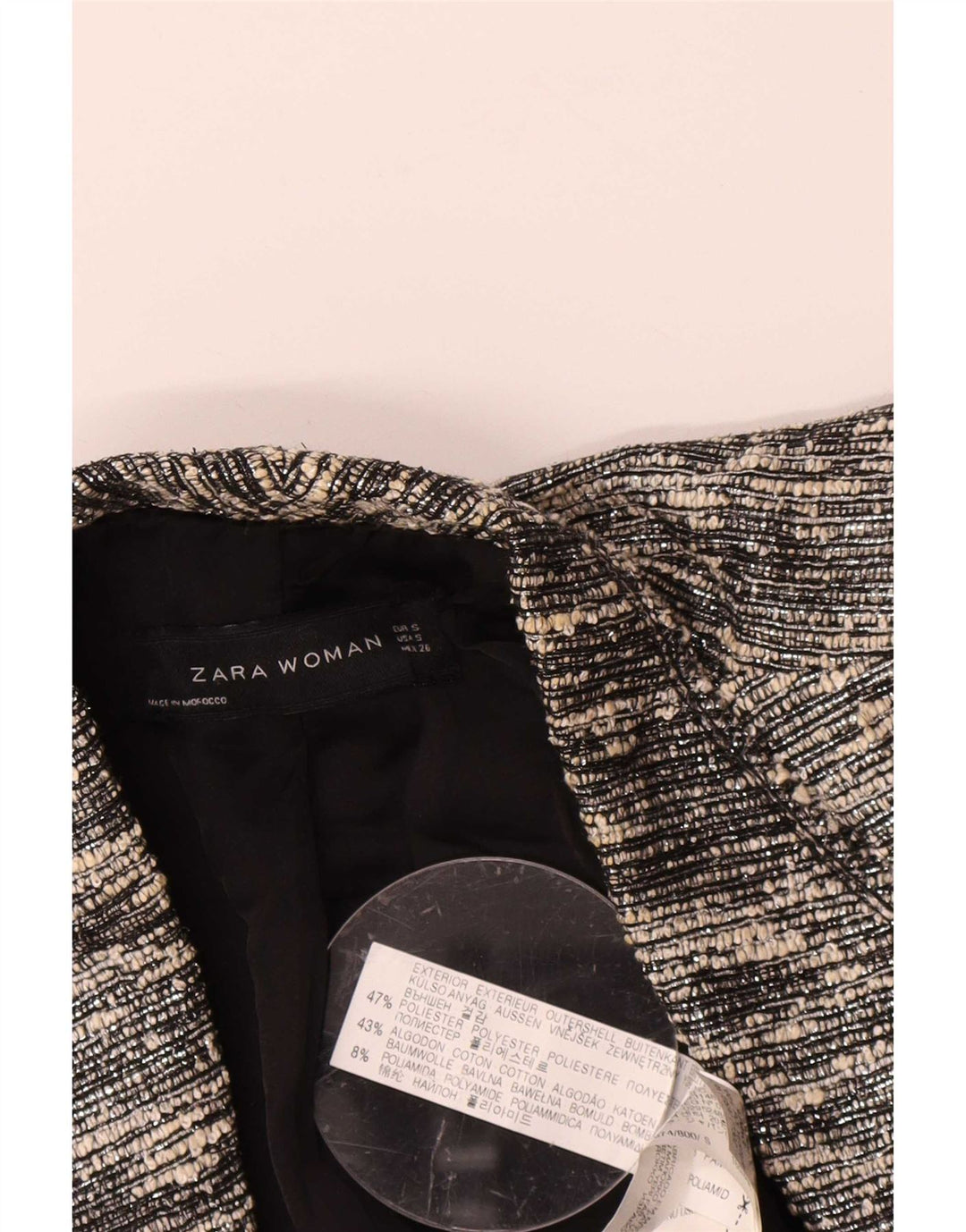 Zara Mujer Crop Open Blazer Chaqueta UK 10 Small Negro Moteado Poliéster