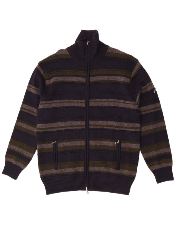 Vintage hombres Cardigan suéter 2XL azul marino rayas Merino lana