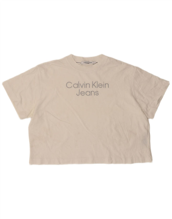Calvin Klein Jeans - Camiseta corta con gráfico para mujer, talla 40, talla mediana, color blanco
