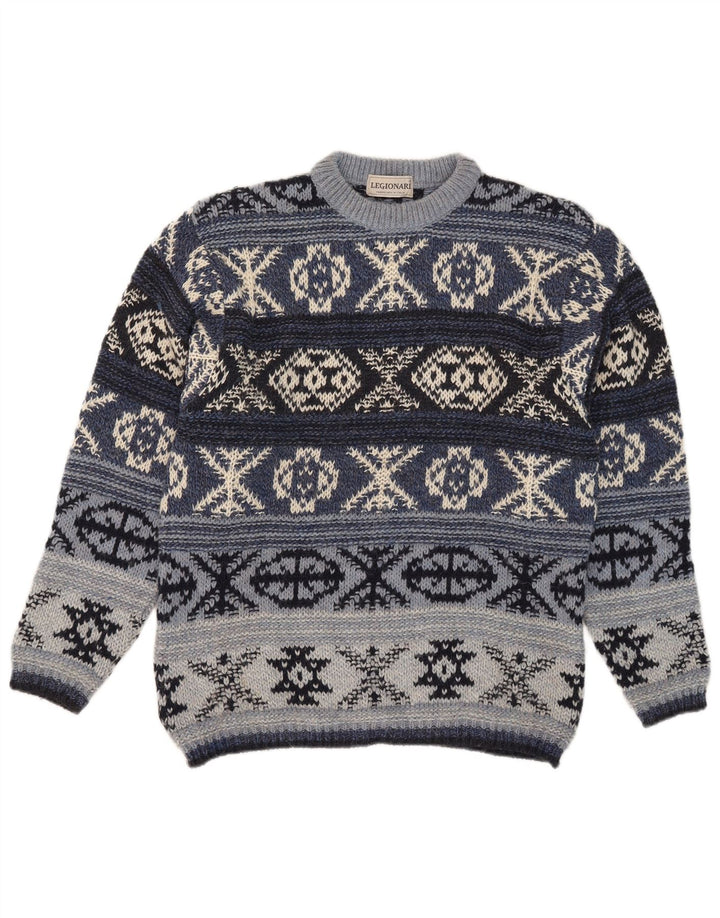 Vintage hombres cuello redondo jersey suéter IT 48 azul medio Fair Isle lana