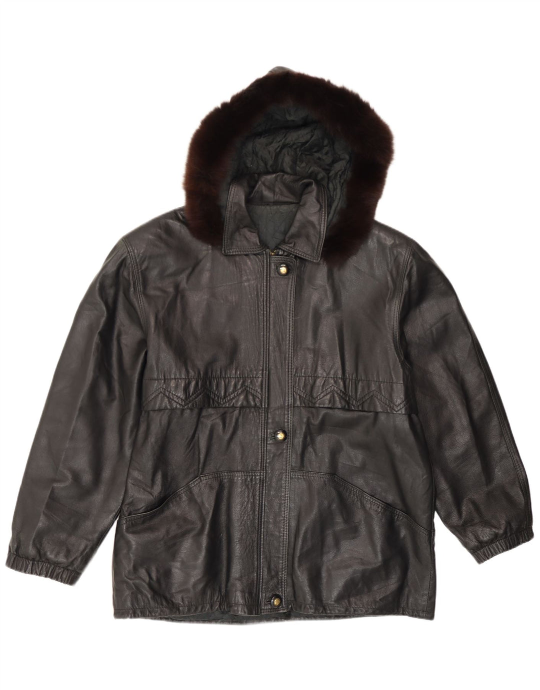 Vintage mujer chaqueta de cuero con capucha IT 46 cuero negro grande