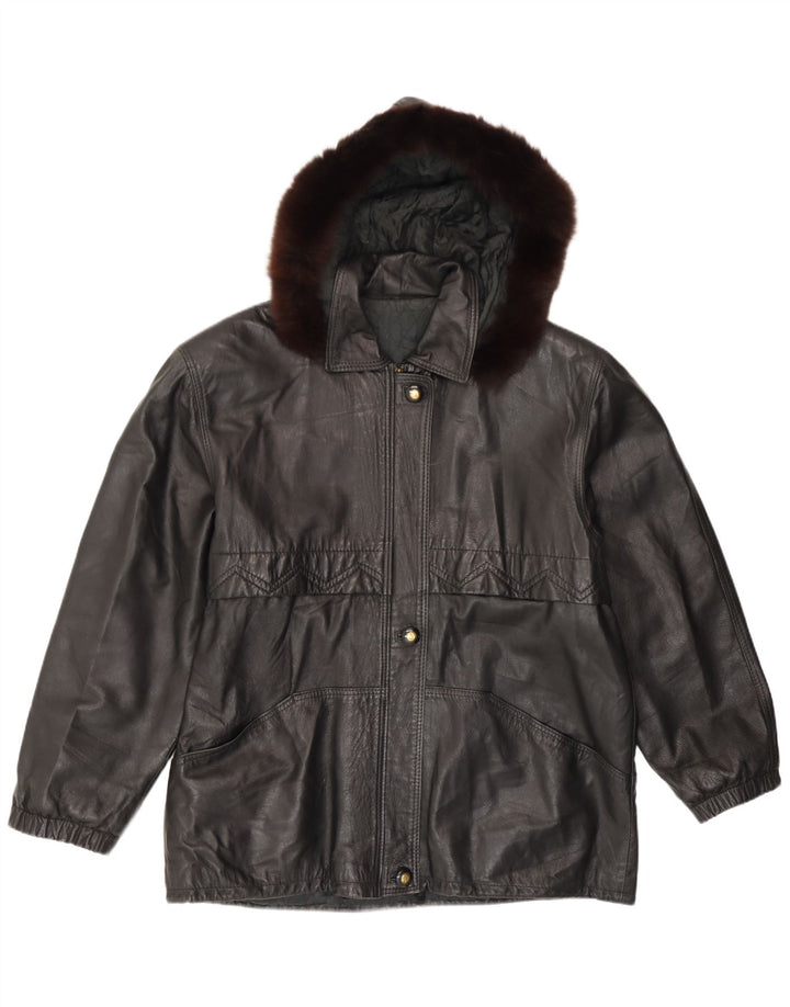 Vintage mujer chaqueta de cuero con capucha IT 46 cuero negro grande