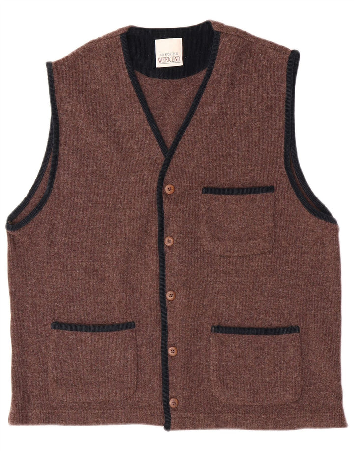 Vintage hombres fin de semana sin mangas Cardigan suéter grande lana marrón