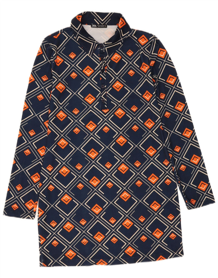 Zara Vestido camisero tipo jersey para mujer UK 40 Mediano Azul marino Geométrico