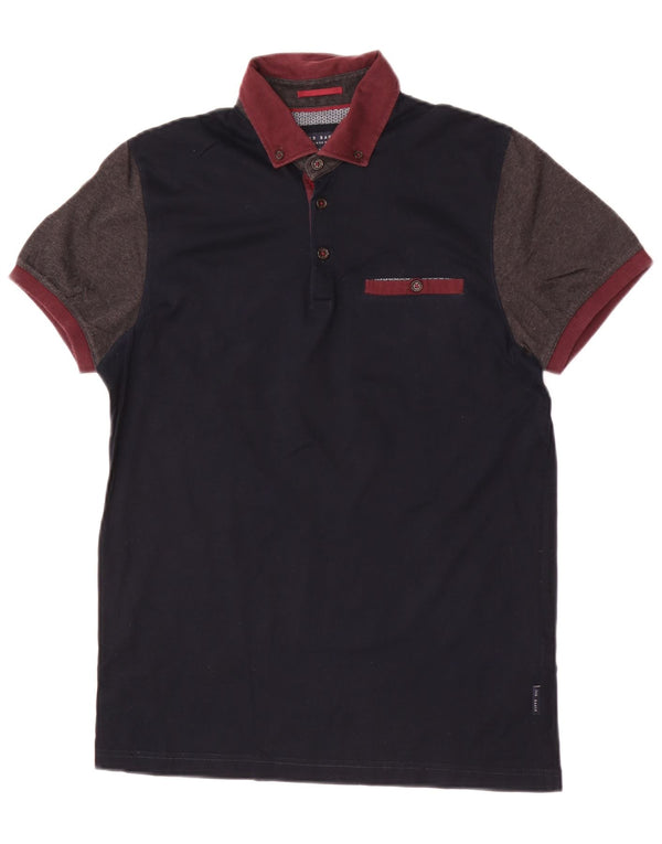 Ted Baker Polo para hombre talla 2 pequeño algodón azul marino con bloques de color